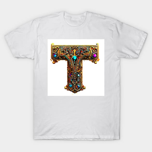 AI Art Golden Jeweled Franciscan Tau Abstract Expressionism T-Shirt by Artist4God